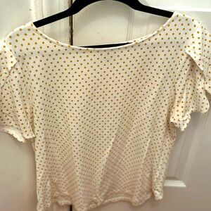 Ann Taylor Factory split sleeve white blouse with yellow polka dots. Size Large.